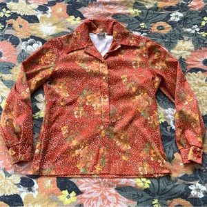 True Vintage Medium 70s floral long sleeve dance disco orange brown